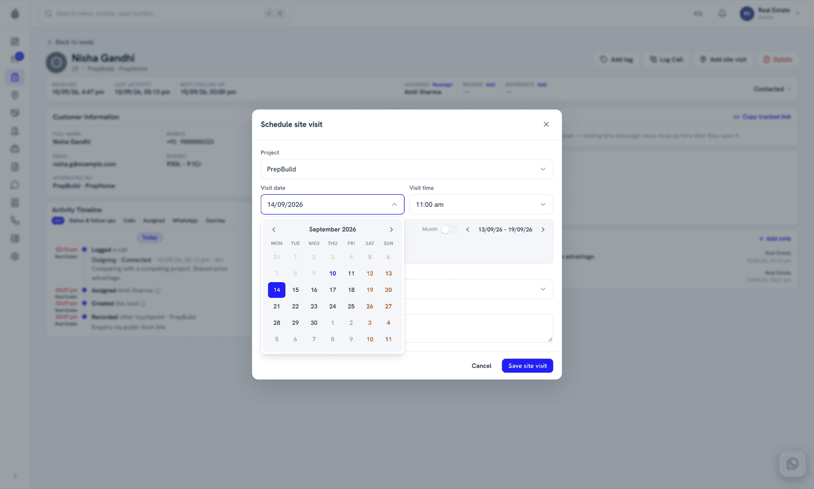 Lead record with the Schedule site visit dialog open — project, a September calendar for picking the visit date, visit time, assigned executive and a note field.